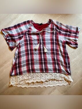 Boutique Layered Plaid & Lace Top